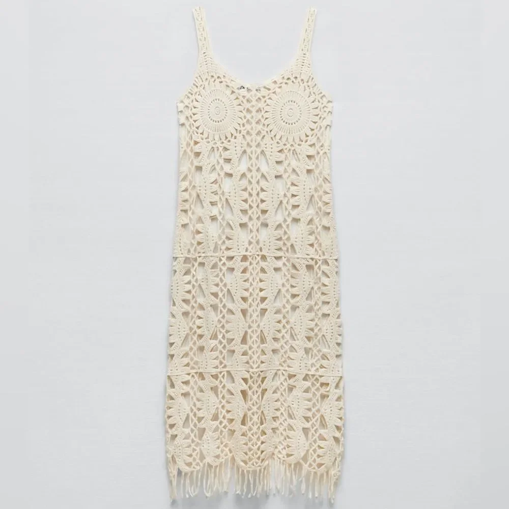 ZARA MACRAMÉ FRINGED KNIT DRESS - Picture 5 of 10